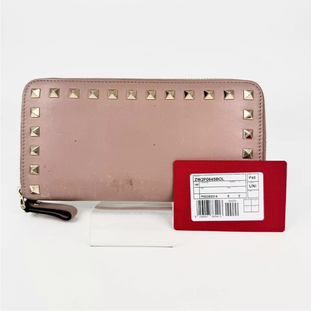 VALENTINO GARAVANI Long Wallet Purse Rockstud Leather Pink Beige Authentic
